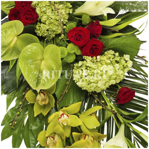 product: Траурный букет № 24 - фото № 2 | Букет с красными розами, орхидеями и антуриумами.