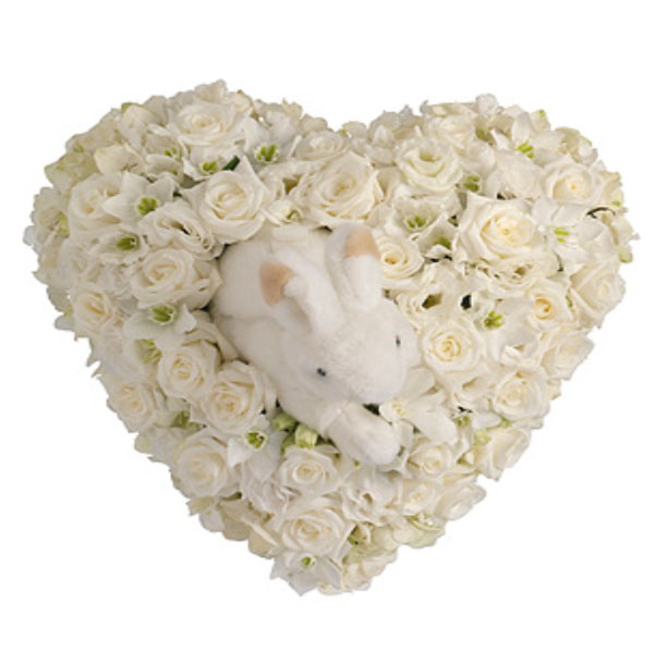 product: Детский Ритуальный Венок №2 | Сердце из белых роз и кролик.