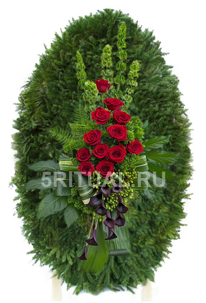 product: Ритуальный венок с темно-красными розами и черными каллами №16 - фото № 1.