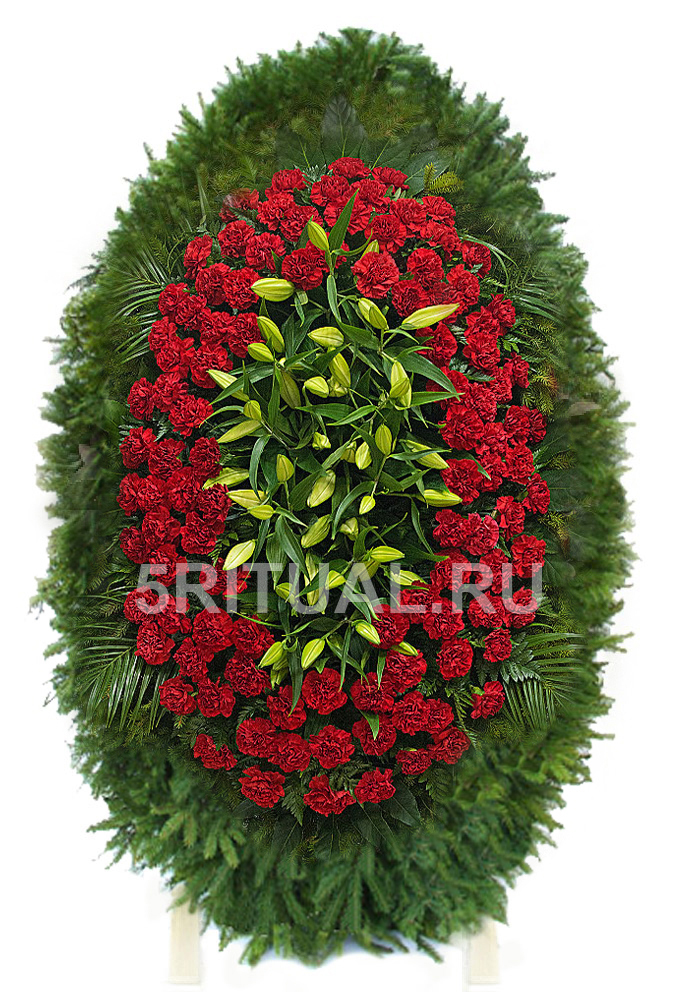product: Ритуальный венок с красными гвоздиками и лилиями №17 - фото № 1.